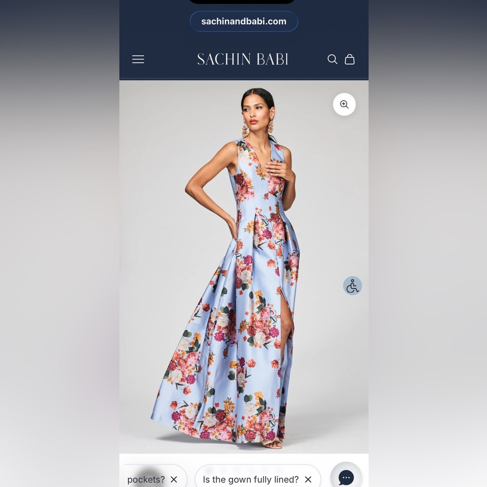 Sachin + Babi Light Blue Floral V-Neck Dress with Multicolor Bouquet